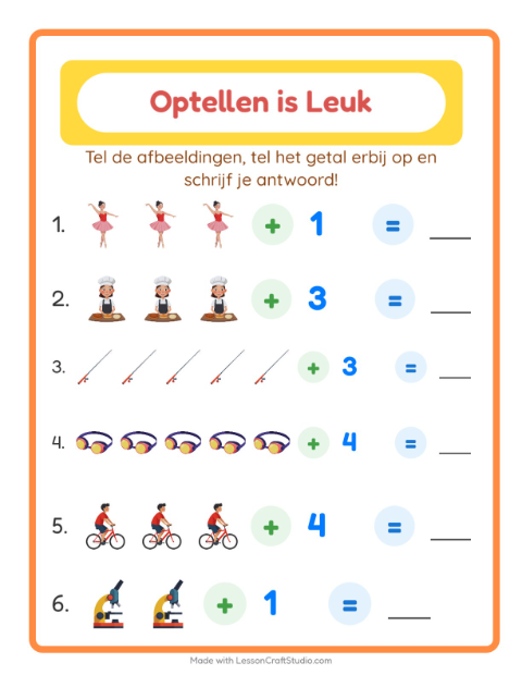 Voorbeeld van het Optellen-werkblad met Activiteiten voor kleuterklas