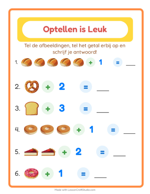 Voorbeeld van het Optellen-werkblad met Bakkerij voor kleuterklas