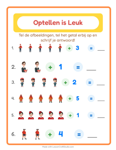 Voorbeeld van het Optellen-werkblad met Beroepen voor kleuterklas