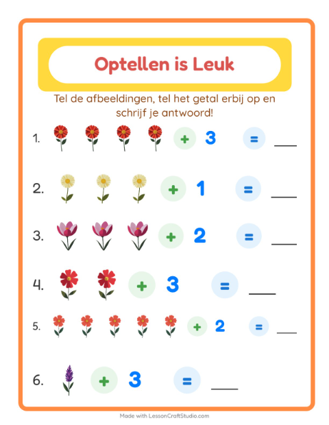 Voorbeeld van het Optellen-werkblad met Bloemen voor kleuterklas