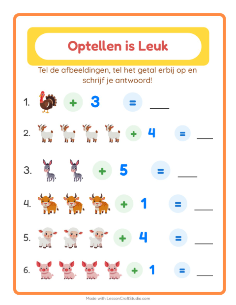 Voorbeeld van Optellen tot 10 met dieren – werkblad voor groep 3