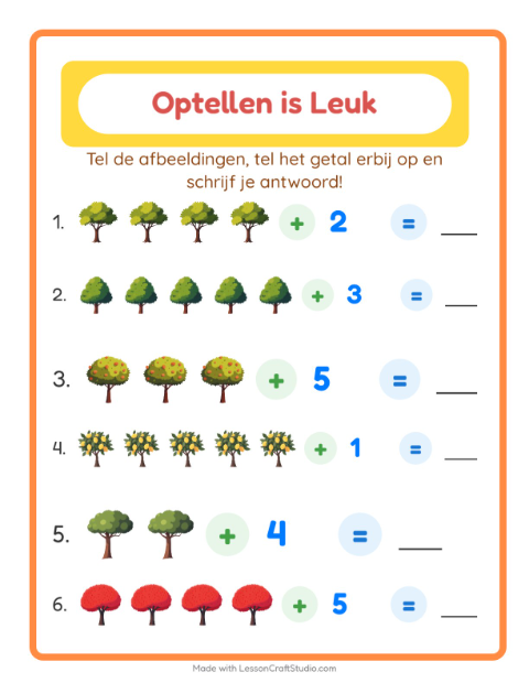 Voorbeeld van het Optellen-werkblad met Bomen voor kleuterklas