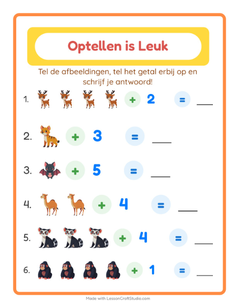 Voorbeeld van het Optellen-werkblad met Dierentuindieren voor kleuterklas