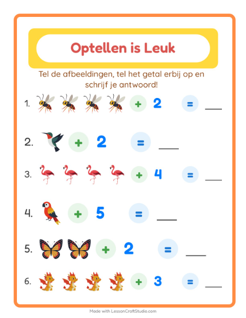 Voorbeeld van het Optellen-werkblad met Dingen die vliegen voor kleuterklas