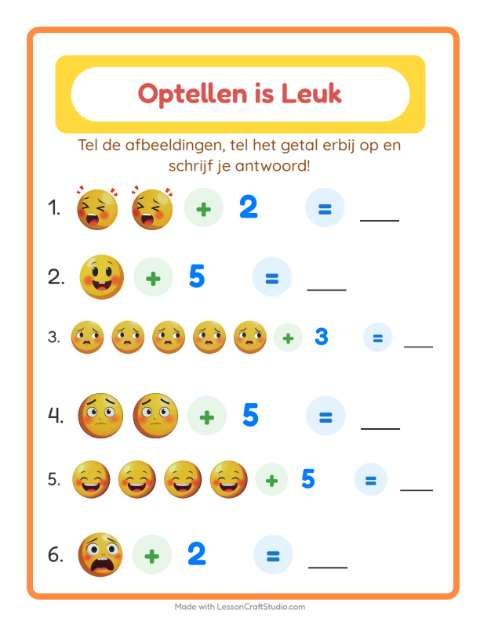 Voorbeeld van het Optellen-werkblad met Emoties voor kleuterklas