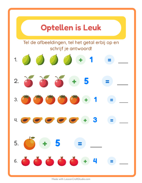 Voorbeeld van het Optellen-werkblad met Fruit voor kleuterklas