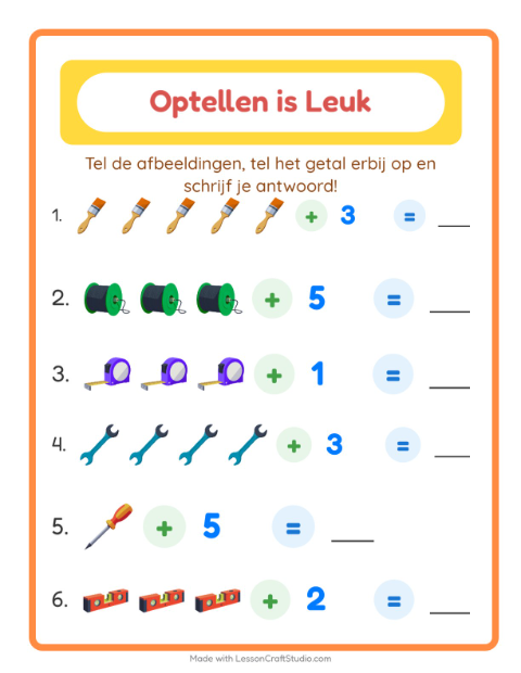 Voorbeeld van Optellen tot 10 met gereedschappen – werkblad voor groep 3