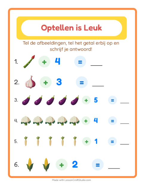 Voorbeeld van het Optellen-werkblad met Groenten voor kleuterklas