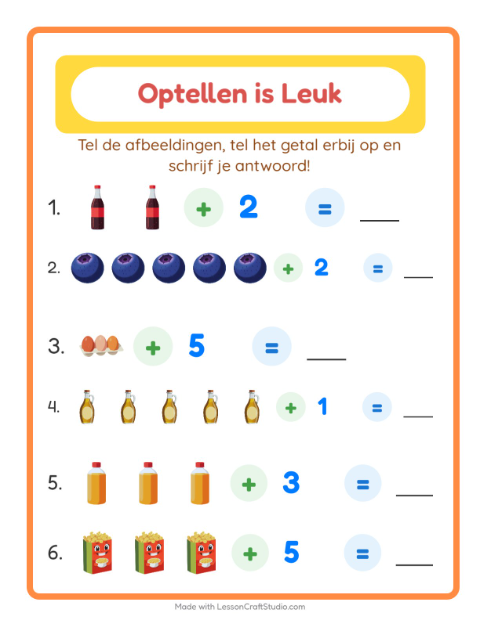 Voorbeeld van het Optellen-werkblad met In de supermarkt voor kleuterklas