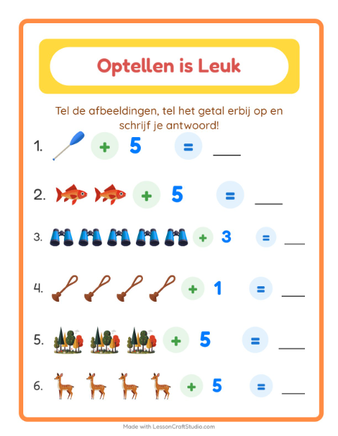 Voorbeeld van het Optellen-werkblad met Kamperen voor kleuterklas