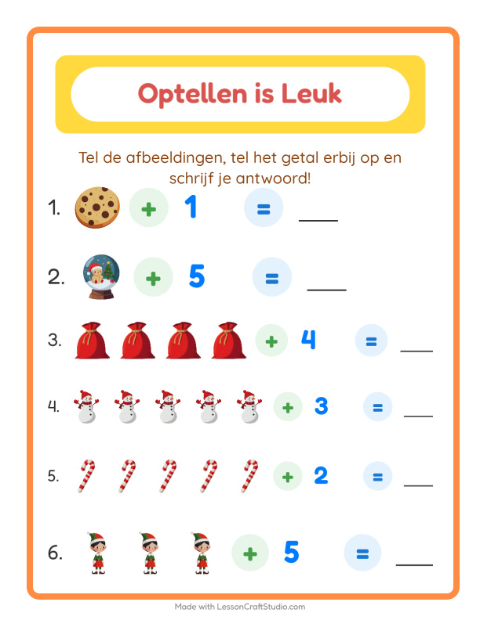 Voorbeeld van het Optellen-werkblad met Kerstmis voor kleuterklas