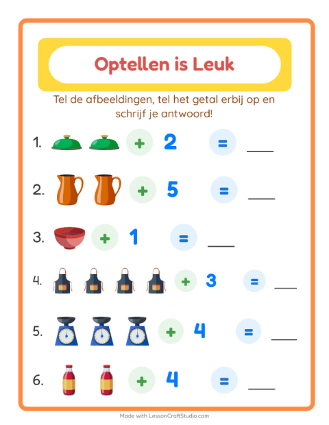 Voorbeeld van Optellen tot 10 met keukenspullen – werkblad voor groep 3