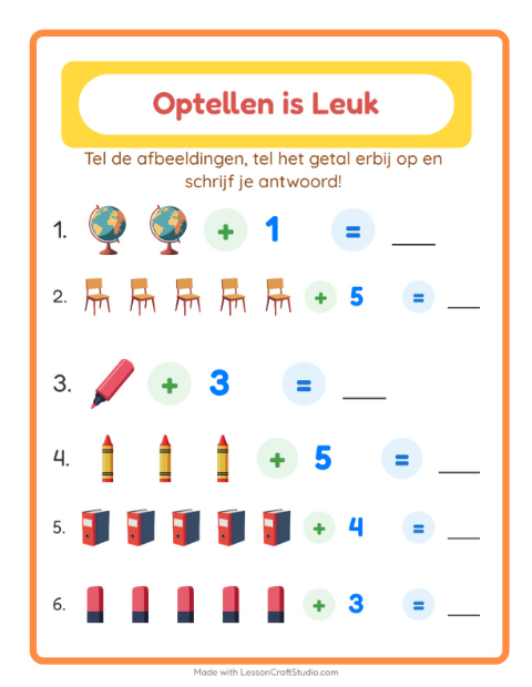 Voorbeeld van het Optellen-werkblad met Klaslokaal voor kleuterklas
