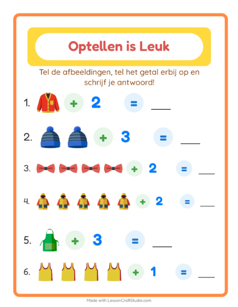 Voorbeeld van het Optellen-werkblad met Kleding voor kleuterklas