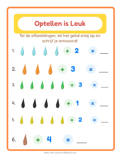 Voorbeeld van het Optellen-werkblad met Kleuren voor kleuterklas