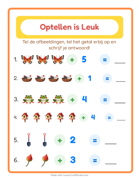 Voorbeeld van het Optellen-werkblad met Lente voor kleuterklas