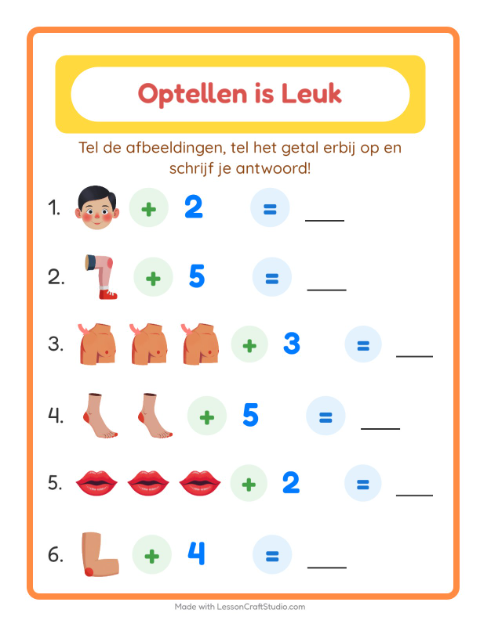 Voorbeeld van het Optellen-werkblad met Lichaamsdelen voor kleuterklas