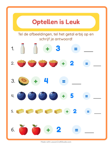 Voorbeeld van het Optellen-werkblad met Ontbijt voor kleuterklas