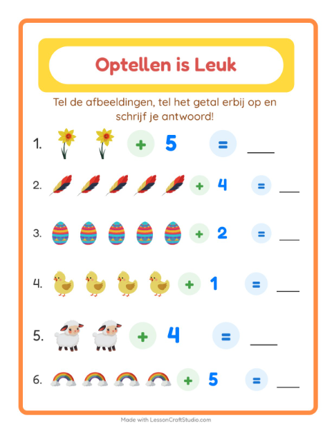 Voorbeeld van het Optellen-werkblad met Pasen voor kleuterklas