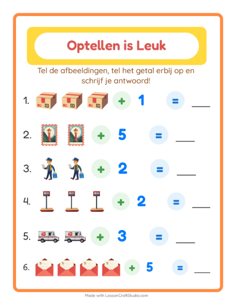 Voorbeeld van het Optellen-werkblad met Postkantoor voor kleuterklas