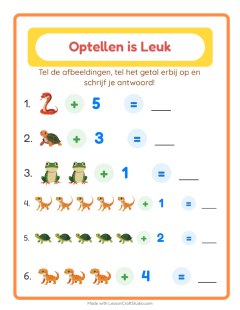 Voorbeeld van het Optellen-werkblad met Reptielen en amfibieën voor kleuterklas