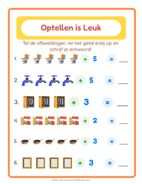 Voorbeeld van het Optellen-werkblad met Rond het huis voor kleuterklas