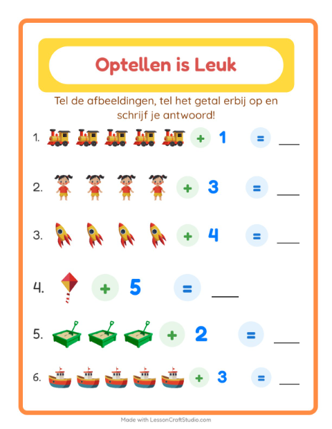 Voorbeeld van het Optellen-werkblad met Speelgoed voor kleuterklas