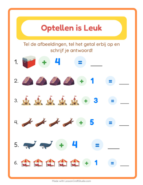 Voorbeeld van het Optellen-werkblad met Strand voor kleuterklas