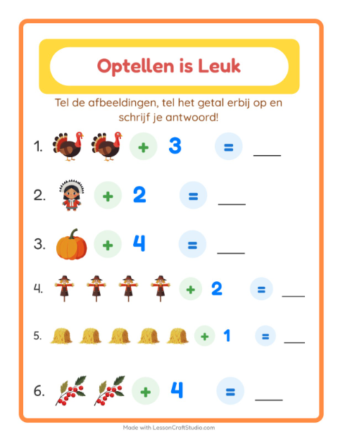 Voorbeeld van het Optellen-werkblad met Thanksgiving voor kleuterklas