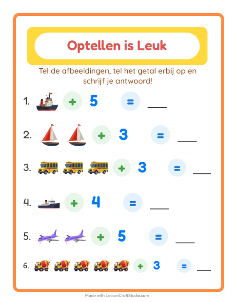 Voorbeeld van het Optellen-werkblad met Voertuigen voor kleuterklas