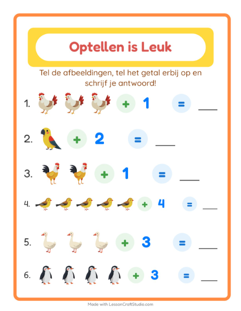 Voorbeeld van het Optellen-werkblad met Vogels 2 voor kleuterklas