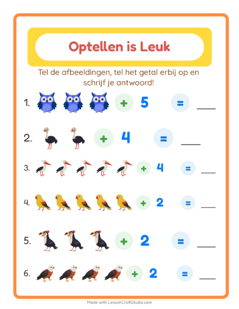 Voorbeeld van het Optellen-werkblad met Vogels voor kleuterklas