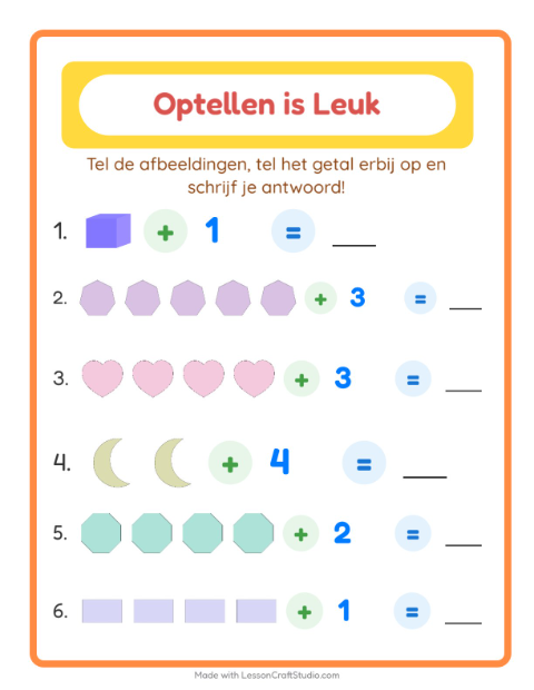 Voorbeeld van het Optellen-werkblad met Vormen voor kleuterklas