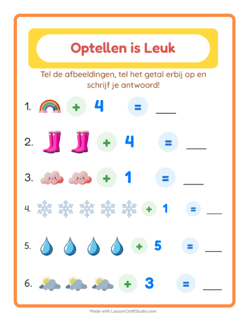 Voorbeeld van het Optellen-werkblad met Weer voor kleuterklas