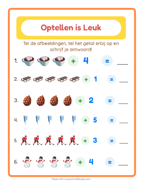 Voorbeeld van het Optellen-werkblad met Winter voor kleuterklas