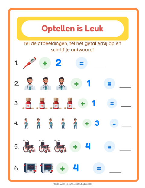 Voorbeeld van het Optellen-werkblad met Ziekenhuis voor kleuterklas