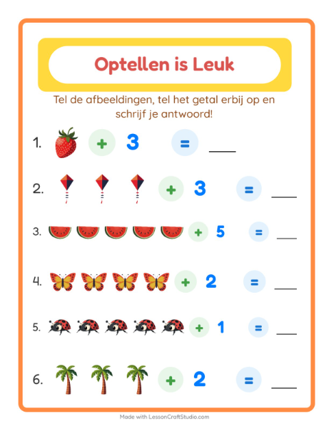 Voorbeeld van het Optellen-werkblad met Zomer voor kleuterklas