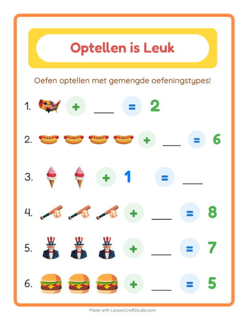 Voorbeeld van het Optellen-werkblad met 4 juli voor kleuterklas