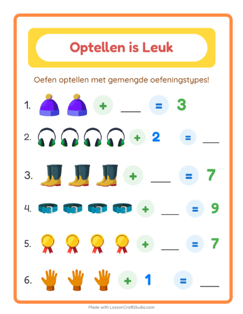 Voorbeeld van het Optellen-werkblad met Accessoires voor kleuterklas