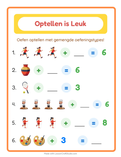Voorbeeld van het Optellen-werkblad met Activiteiten voor kleuterklas