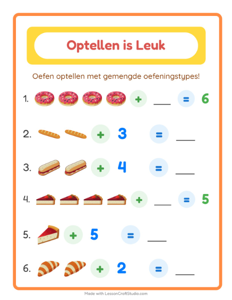 Voorbeeld van het Optellen-werkblad met Bakkerij voor kleuterklas