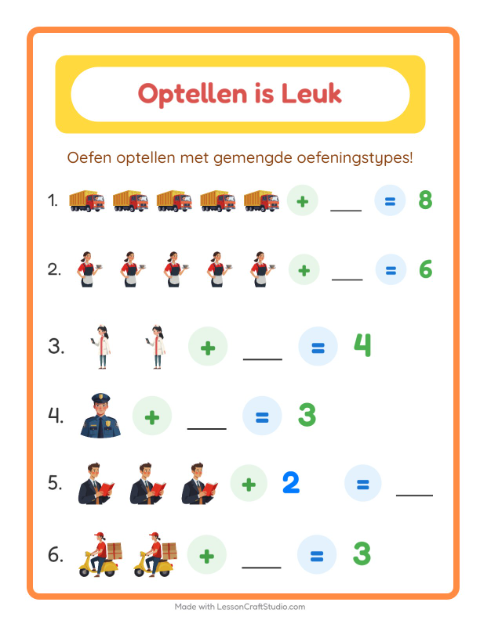 Voorbeeld van het Optellen-werkblad met Beroepen voor kleuterklas