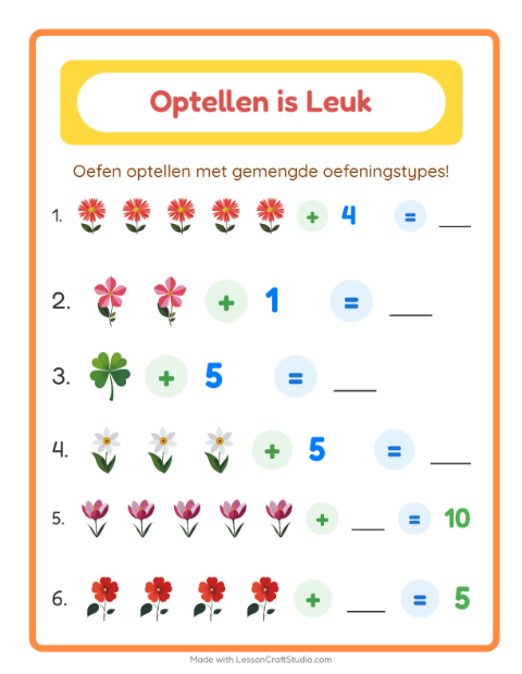 Voorbeeld van het Optellen-werkblad met Bloemen voor kleuterklas
