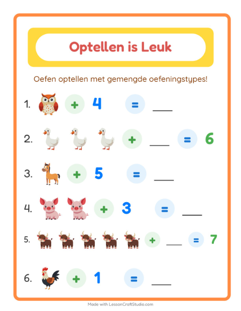 Voorbeeld van het Optellen-werkblad met Boerderijdieren voor kleuterklas