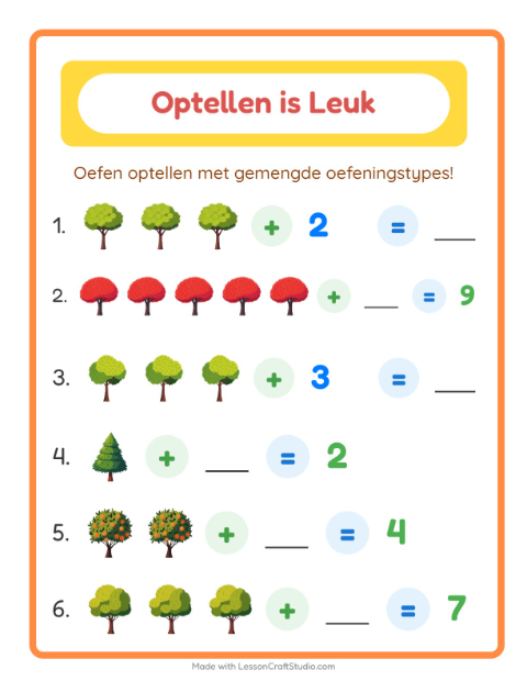 Voorbeeld van het Optellen-werkblad met Bomen voor kleuterklas