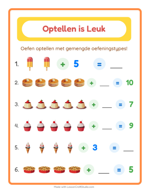 Voorbeeld van het Optellen-werkblad met Desserts en snoep voor kleuterklas