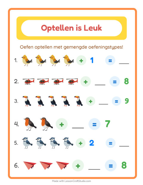 Voorbeeld van het Optellen-werkblad met Dingen die vliegen voor kleuterklas