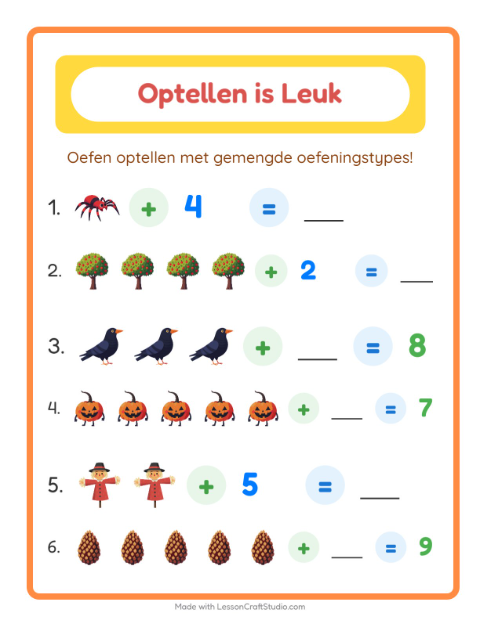 Voorbeeld van het Optellen-werkblad met Diversen voor kleuterklas