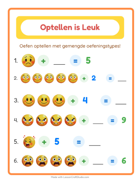 Voorbeeld van het Optellen-werkblad met Emoties voor kleuterklas