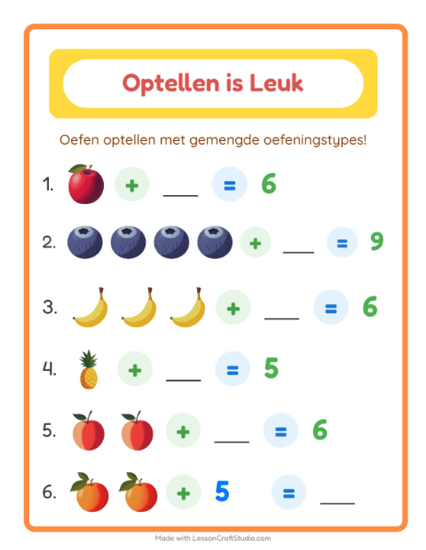 Voorbeeld van het Optellen-werkblad met Fruit voor kleuterklas
